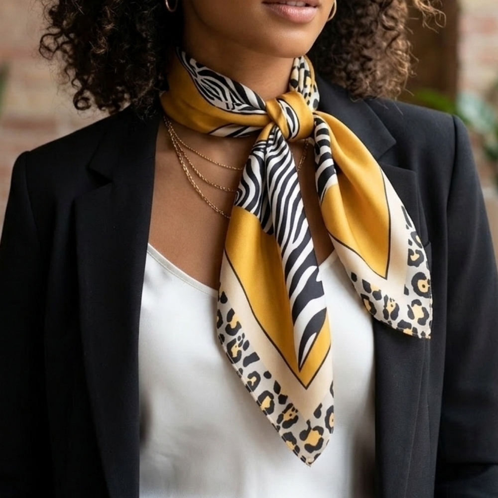 NWT Yellow Zebra & Leopard Print Silky Satin Square Scarf Head Wrap 35" × 35"